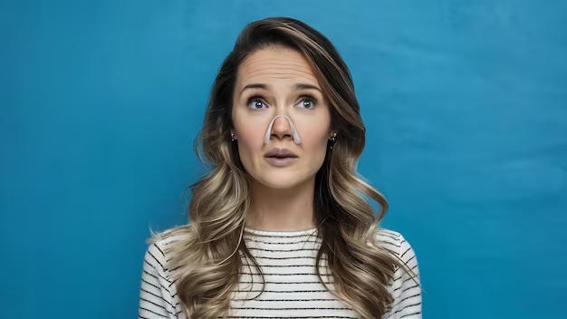 Mujer con un vendaje nasal después de una rinoplastia, mirando hacia arriba con expresión reflexiva contra un fondo azul.