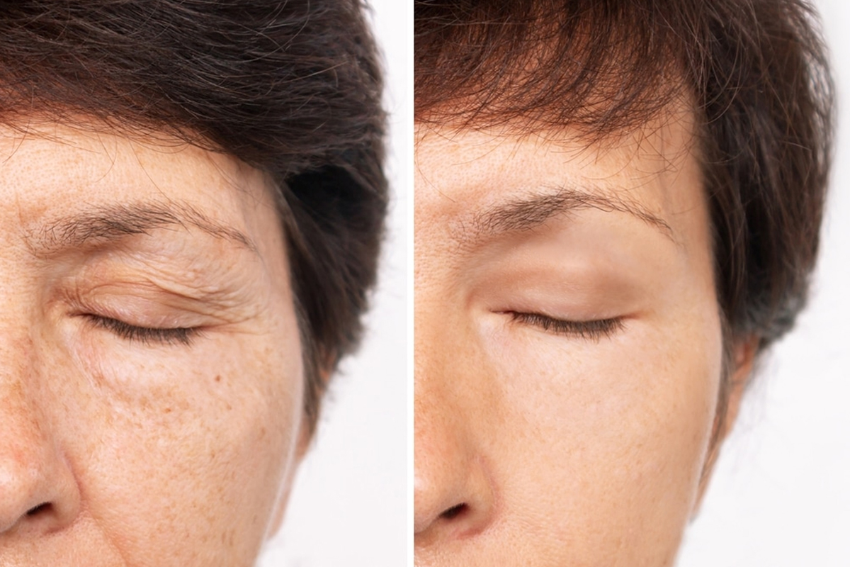 Comparación de antes y después del área del ojo de una mujer madura con el párpado cerrado, mostrando la reducción de arrugas y piel sobrante tras una blefaroplastia.