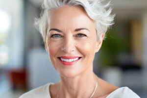 Mujer madura sonriendo a la cámara con cabello corto plateado y labios rojos, luciendo un rostro radiante, firme y rejuvenecido.