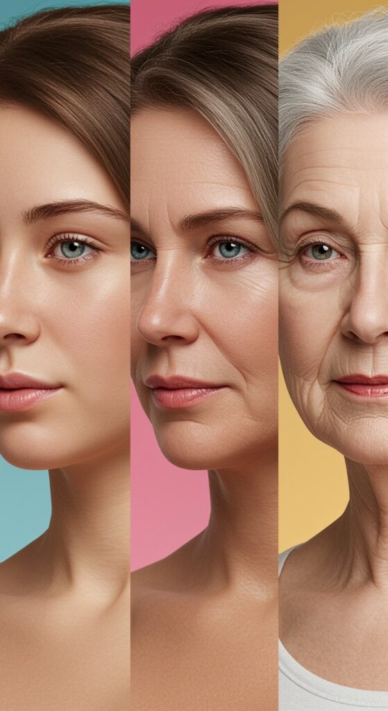 Retratos comparativos de una mujer que envejece desde la juventud hasta la edad adulta mayor, mostrando el envejecimiento facial gradual a través de las décadas
